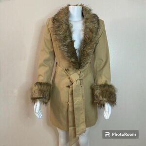 Beige double breasted belted above the knee removable faux fur trench coat